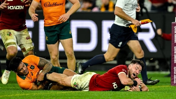 26 July 2025; Hugo Keenan of British & Irish Lions dives over to score his side's fifth try during the second test match between Australia and the British & Irish Lions at the Melbourne Cricket Ground in Melbourne, Australia. Photo by Brendan Moran/Sportsfile