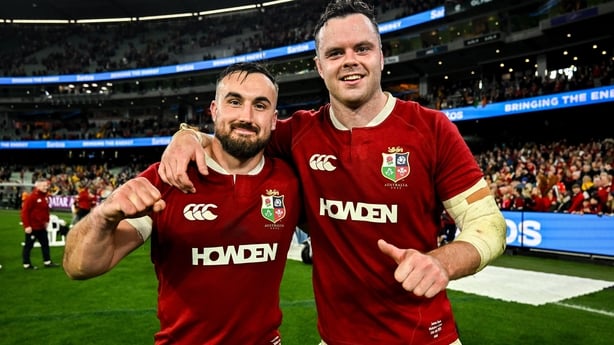 26 July 2025; Rónan Kelleher, left, and James Ryan of British & Irish Lions celebrate after the second test match between Australia and the British & Irish Lions at the Melbourne Cricket Ground in Melbourne, Australia. Photo by Brendan Moran/Sportsfile