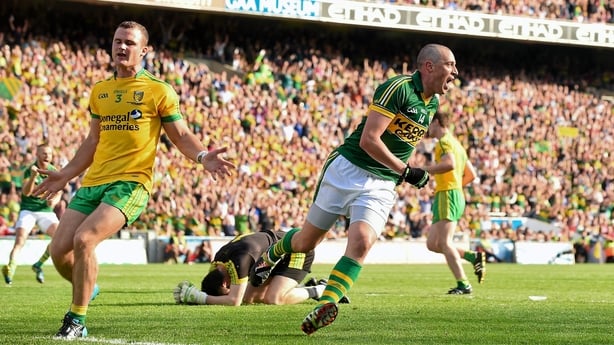 21 September 2014; Kieran Donaghy, Kerry, celebrates after scoring his side's second goal. GAA Football All Ireland Senior Championship Final, Kerry v Donegal. Croke Park, Dublin. Picture credit: Pat Murphy / SPORTSFILE