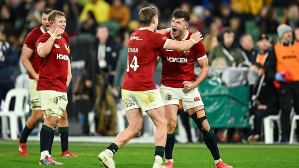26 July 2025; Blair Kinghorn, right, and Tommy Freeman of British & Irish Lions celebrate at the final whistle of the second test match between Australia and the British & Irish Lions at the Melbourne Cricket Ground in Melbourne, Australia. Photo by Brend