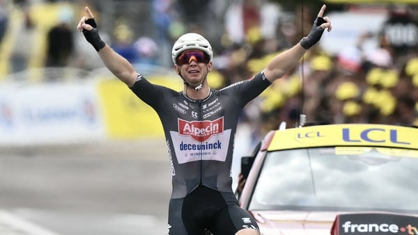 Alpecin - Deceuninck team's Australian rider Kaden Groves cycles to the finish line to win the 20th stage of the 112th edition of the Tour de France cycling race, 184.2 km between Nantua and Pontarlier, in the Jura, eastern France, on July 26, 2025.
