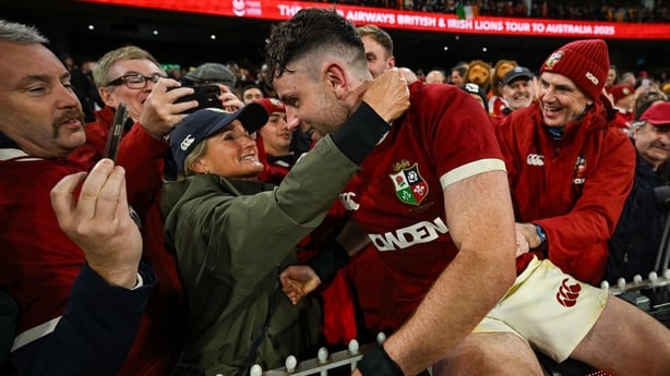 26 July 2025; Hugo Keenan of British & Irish Lions is congratulated by his mother Avril after the second test match between Australia and the British & Irish Lions at the Melbourne Cricket Ground in Melbourne, Australia. Photo by Brendan Moran/Sportsfile