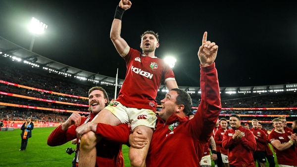26 July 2025; Hugo Keenan of British & Irish Lions is held aloft by Mack Hansen, left, and Jamie George after the second test match between Australia and the British & Irish Lions at the Melbourne Cricket Ground in Melbourne, Australia. Photo by Brendan M