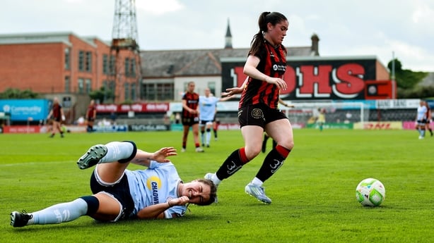 Shelbourne's Keeva Keenan slides in on Katie McCarn of Bohemians