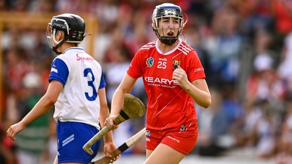 26 July 2025; Orlaith Mullins of Cork celebrates after scoring her side's first goal during the Glen Dimplex All-Ireland Camogie Senior Championship semi-final match between Cork and Waterford at UPMC Nowlan Park, Kilkenny. Photo by Ben McShane/Sportsfile