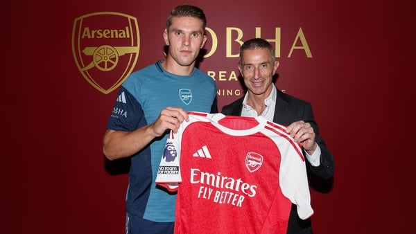 Arsenal new signing Viktor Gyokeres with Sporting Director Andrea Berta at Sobha Realty Training Centre on July 27, 2025 in London Colney, England.