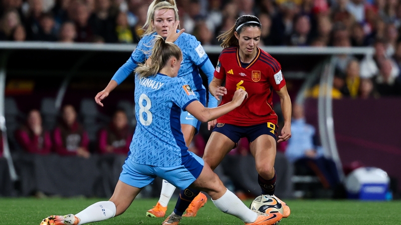 Spain midfielder Aitana Bonmati tackled by England's Georgia Stanway during the 2023 World Cup final in Sydney