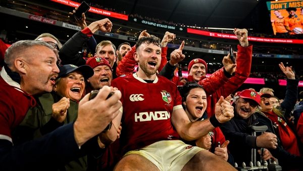 26 July 2025; Hugo Keenan of British & Irish Lions celebrates after the second test match between Australia and the British & Irish Lions at the Melbourne Cricket Ground in Melbourne, Australia. Photo by Brendan Moran/Sportsfile