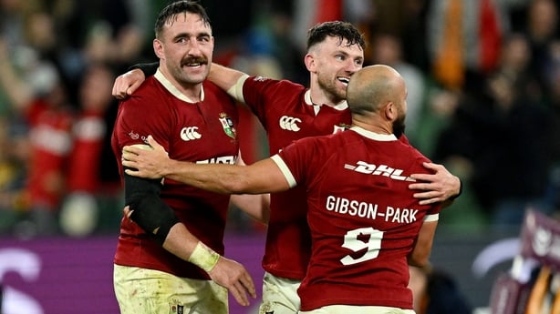 26 July 2025; Jack Conan, left, Hugo Keenan and Jamison Gibson-Park of British & Irish Lions celebrate at the final whistle of the second test match between Australia and the British & Irish Lions at the Melbourne Cricket Ground in Melbourne, Australia. Photo by Brendan Moran/Sportsfile