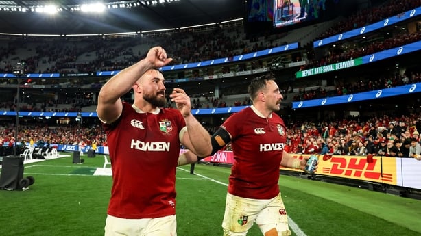 26 July 2025; Rónan Kelleher, left, and Jack Conan of British & Irish Lions celebrate after the second test match between Australia and the British & Irish Lions at the Melbourne Cricket Ground in Melbourne, Australia. Photo by Steve Christo/Sportsfile
