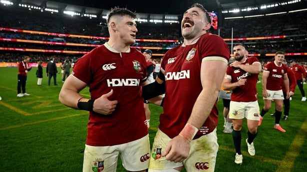 26 July 2025; Dan Sheehan, left, and Jack Conan of British & Irish Lions celebrate after the second test match between Australia and the British & Irish Lions at the Melbourne Cricket Ground in Melbourne, Australia. Photo by Brendan Moran/Sportsfile