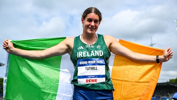 27 July 2025; Nicola Tuthill, from Kilbrittain in Cork, representing University College Dublin and Ireland, celebrates after finishing second in the women's hammer throw final during day eleven of the FISU World University Games 2025 at Lohrheidestadion i