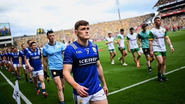 27 July 2025; Kerry captain Gavin White leads his side in the parade before the GAA Football All-Ireland Senior Championship final match between Kerry and Donegal at Croke Park in Dublin. Photo by Seb Daly/Sportsfile