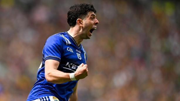 27 July 2025; Dylan Geaney of Kerry celebrates after scoring his side's point during the GAA Football All-Ireland Senior Championship final match between Kerry and Donegal at Croke Park in Dublin. Photo by David Fitzgerald/Sportsfile