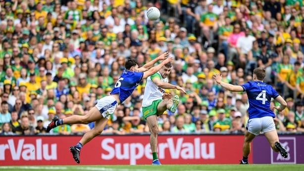 27 July 2025; Caolan McGonagle of Donegal in action against Mike Breen of Kerry during the GAA Football All-Ireland Senior Championship final match between Kerry and Donegal at Croke Park in Dublin. Photo by Stephen McCarthy/Sportsfile