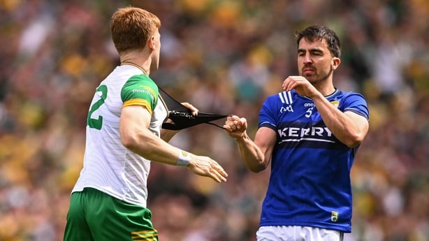 27 July 2025; Brian Ó Beaglaoich of Kerry tussles with Ciaran Moore of Donegal during the GAA Football All-Ireland Senior Championship final match between Kerry and Donegal at Croke Park in Dublin. Photo by Ramsey Cardy/Sportsfile