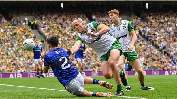 27 July 2025; Paul Murphy of Kerry is tackled by Michael Murphy of Donegal during the GAA Football All-Ireland Senior Championship final match between Kerry and Donegal at Croke Park in Dublin. Photo by Ramsey Cardy/Sportsfile