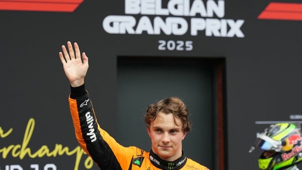 Australian driver Oscar Piastri celebrates after winning the Formula One Belgian Grand Prix at the Spa-Francorchamps circuit in Spa, on July 27, 2025.