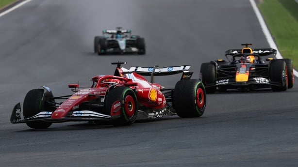 Charles Leclerc of Monaco driving the (16) Scuderia Ferrari SF-25 leads Max Verstappen of the Netherlands driving the (1) Oracle Red Bull Racing RB21 and George Russell of Great Britain driving the (63) Mercedes AMG Petronas F1 Team W16 on track during the F1 Grand Prix of Belgium at Circuit de Spa-