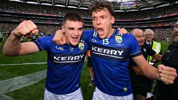 27 July 2025; Seán O'Shea, left, and David Clifford of Kerry celebrate after the GAA Football All-Ireland Senior Championship final match between Kerry and Donegal at Croke Park in Dublin. Photo by Stephen McCarthy/Sportsfile