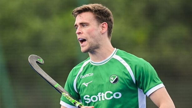 Lee Cole of Ireland during the Men's International Hockey match between Ireland and India at Pembroke Wanderers Hockey Club in Dublin.
