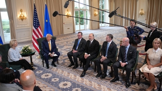 U.S. President Donald Trump announces a trade deal with the EU after a meeting with President of the European Commission Ursula von der Leyen at Trump