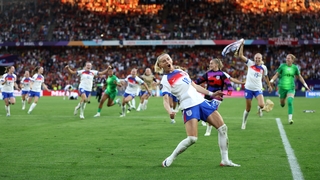 BASEL, SWITZERLAND - JULY 27: Chloe Kelly of England celebrates after scoring the team's winning penalty in the penalty shoot out during the UEFA Women's EURO 2025 Final match between England and Spain at St. Jakob-Park on July 27, 2025 in Basel, Switzerl