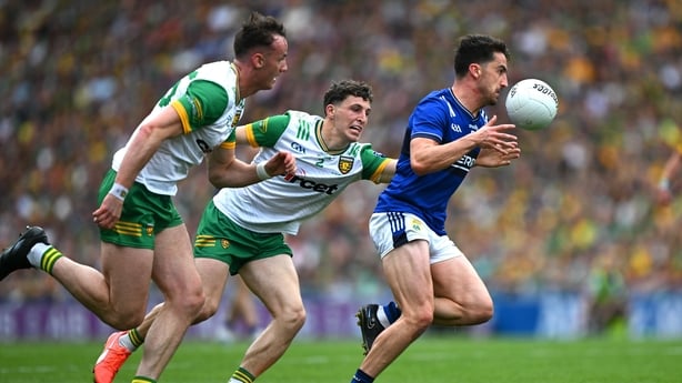 27 July 2025; Brian Ó Beaglaoich of Kerry in action against Finnbarr Roarty and Jason McGee of Donegal during the GAA Football All-Ireland Senior Championship final match between Kerry and Donegal at Croke Park in Dublin. Photo by Ray McManus/Sportsfile