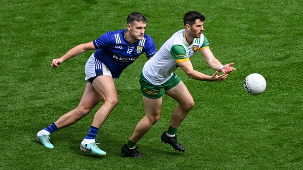 27 July 2025; Ryan McHugh of Donegal in action against Graham O'Sullivan of Kerry during the GAA Football All-Ireland Senior Championship final match between Kerry and Donegal at Croke Park in Dublin. Photo by Dáire Brennan/Sportsfile