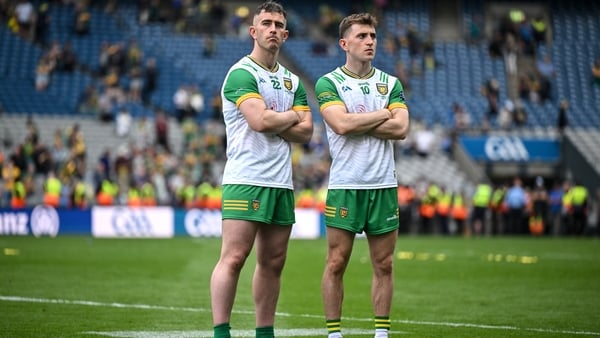 27 July 2025; Patrick McBrearty, left, and Shane O'Donnell of Donegal dejected after the GAA Football All-Ireland Senior Championship final match between Kerry and Donegal at Croke Park in Dublin. Photo by David Fitzgerald/Sportsfile
