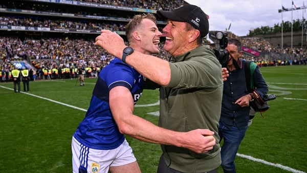 27 July 2025; Kerry manager Jack O'Connor celebrates with Mark O'Shea after the GAA Football All-Ireland Senior Championship final match between Kerry and Donegal at Croke Park in Dublin. Photo by Ramsey Cardy/Sportsfile