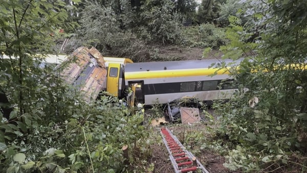 A derailed train seen in southwestern Germany