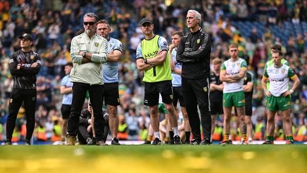 27 July 2025; Donegal manager Jim McGuinness, right, dejected after the GAA Football All-Ireland Senior Championship final match between Kerry and Donegal at Croke Park in Dublin.. Photo by Ramsey Cardy/Sportsfile