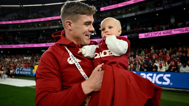 26 July 2025; Garry Ringrose of British & Irish Lions and his son Freddie after the second test match between Australia and the British & Irish Lions at the Melbourne Cricket Ground in Melbourne, Australia. Photo by Brendan Moran/Sportsfile