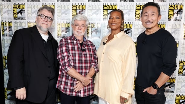 SAN DIEGO, CALIFORNIA - JULY 27: (L-R) Guillermo del Toro, George Lucas, Queen Latifah and Doug Chiang attend Lucas Museum of Narrative Art panel at Comic-Con International 2025 at San Diego Convention Center on July 27, 2025 in San Diego, California. (Photo by Eric Charbonneau/Lucas Museum Of Narra