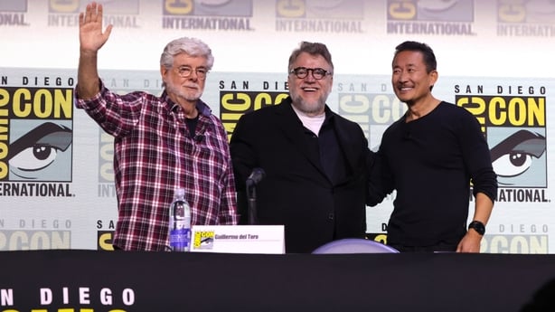 SAN DIEGO, CALIFORNIA - JULY 27: (L-R) George Lucas, Guillermo del Toro and Doug Chiang seen at Lucas Museum of Narrative Art panel at Comic-Con International 2025 at San Diego Convention Center on July 27, 2025 in San Diego, California. (Photo by Eric Charbonneau/Lucas Museum Of Narrative Art via G
