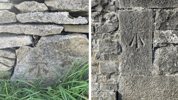 A rural road side cut benchmark (left) and a larger benchmark cut on what was a door surround in Limerick City (right)