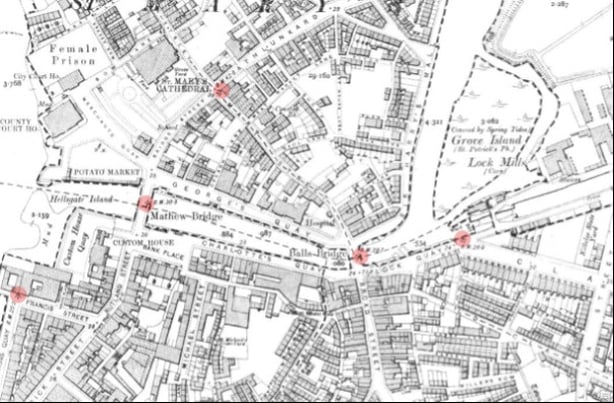 Limerick City showing the differing location of bench marks in the 25" (top) and 'last edition' (bottom) OS maps. Courtesy of Tailte Éireann via the National Mapping Agreement (NMA) 2019/OSi_NMA_280.