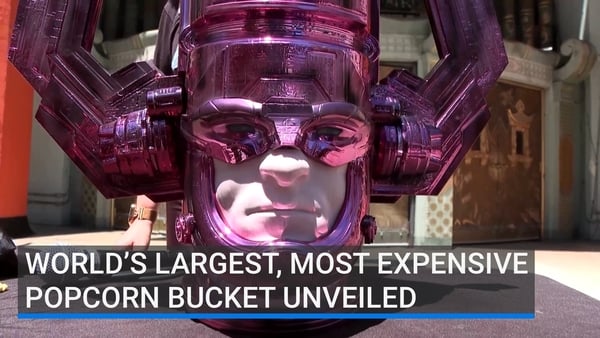 image shows a popcorn bucket in the shape of Marvel character Galactus