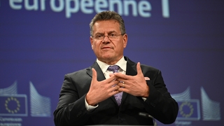 EU Trade Commissioner Maros Sefcovic speaks to the media in Brussels