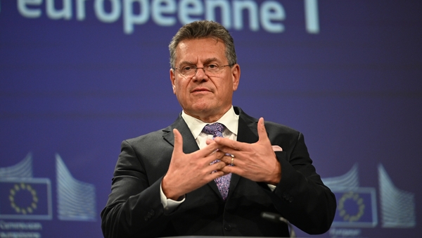 EU Trade Commissioner Maros Sefcovic speaks to the media in Brussels
