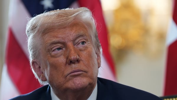 TURNBERRY, SCOTLAND - JULY 28: U.S. President Donald Trump reacts as he meets with British Prime Minister Keir Starmer (not pictured) at Trump Turnberry golf club on July 28, 2025 in Turnberry, Scotland. U.S. President Donald Trump is visiting his Trump T