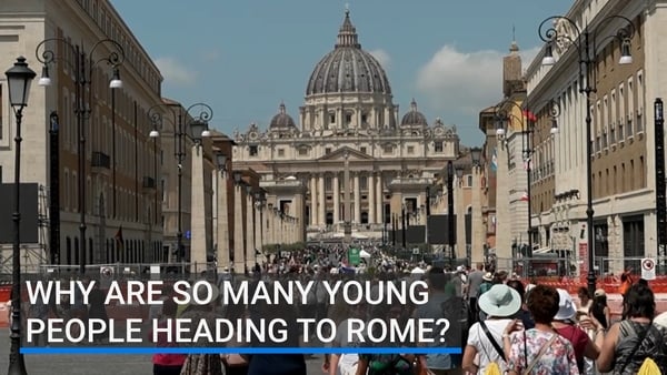 image shows St Peter’s Basilica in Rome with the text ‘why are so many young people heading to Rome?’