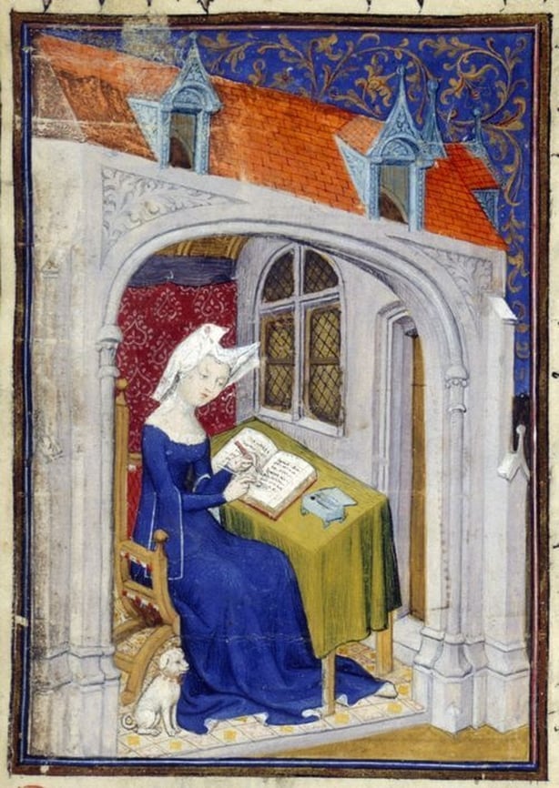 Christine de Pizan (medieval translator and writer) in her study. Miniature from British Library, Ms. Harley 4431, f. 4r, c. 1410-1414. (public domain)