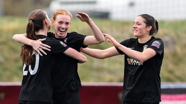 8 March 2025; Kelly Brady of Athlone Town celebrates with teammates after scoring her side's second goal during the SSE Airtricity Women's Premier Division match between Athlone Town and Wexford at Athlone Town Stadium in Westmeath. Photo by Thomas Flinko