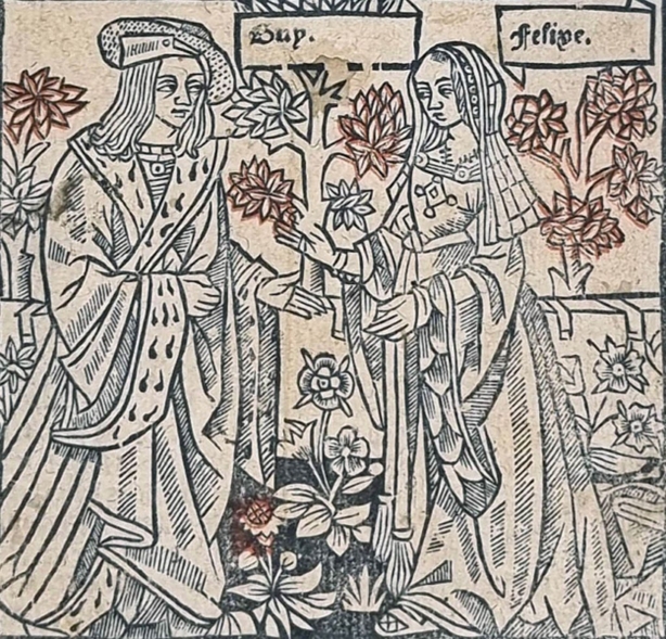 Anonymous woodcut depicting Guy and Felice in a courtly garden, late fifteenth-century (public domain).