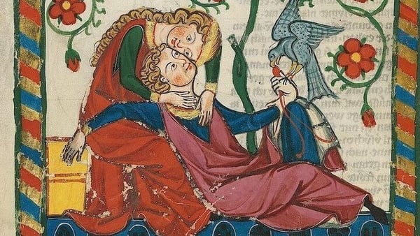 Scene of courtly love, detail from Heidelberg, Universitätsbibliothek Heidelberg, Cod. Pal. germ. 848 Große Heidelberger Liederhandschrift (Codex Manesse), fol. 249v, c. 1300 – 1340. (public domain).