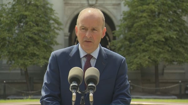 Taoiseach Micheál Martin speaking outside Government Buildings
