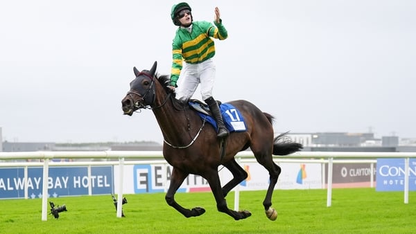 Alan O'Sullivan celebrates aboard Filey Bay after winning the Connacht Hotel Handicap at Galway Racecourse, Galway, Ireland.