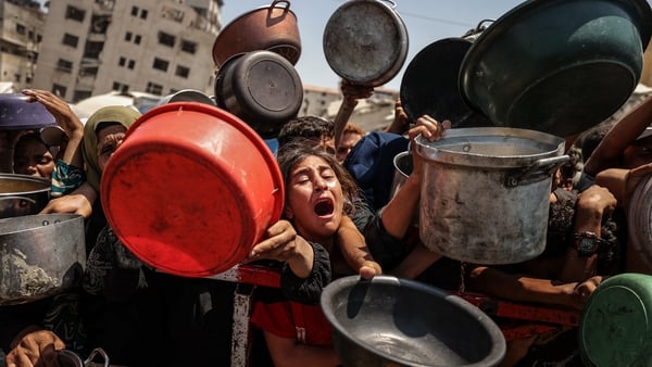 A young girl cries out as she is pushed against a fence by crowds hoping to receive food at a charity in Gaza